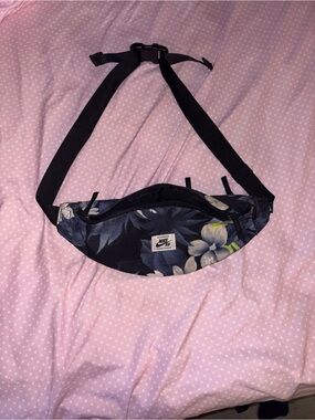 Nike Black Floral Crossbody Bag with Blue & White Accents